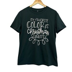 NEW Women's Large Green Cotton Christmas Lights Holiday Festive Casual T-Shirt